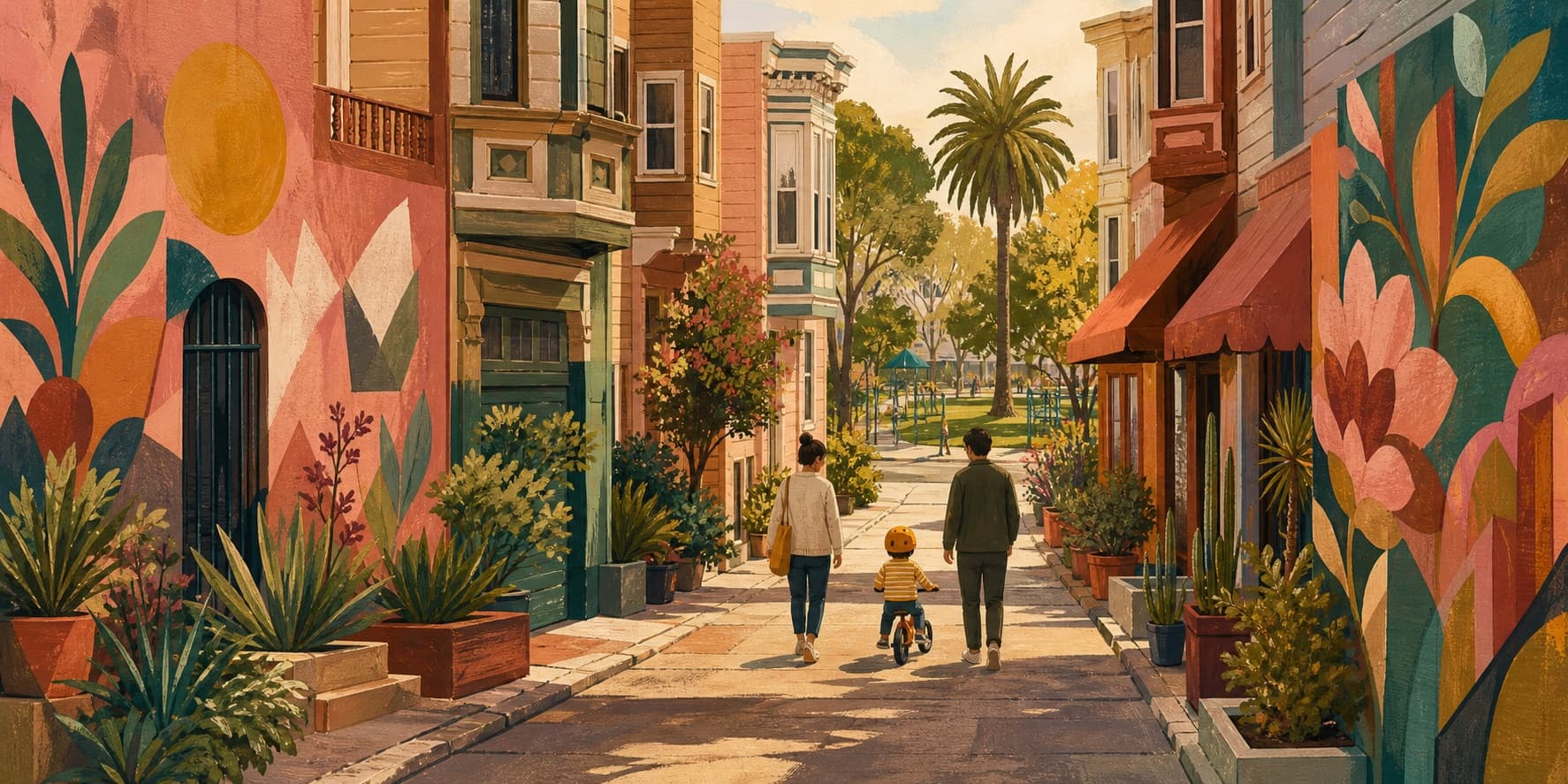 Illustration of a family walking through a mural-lined Mission District neighborhood