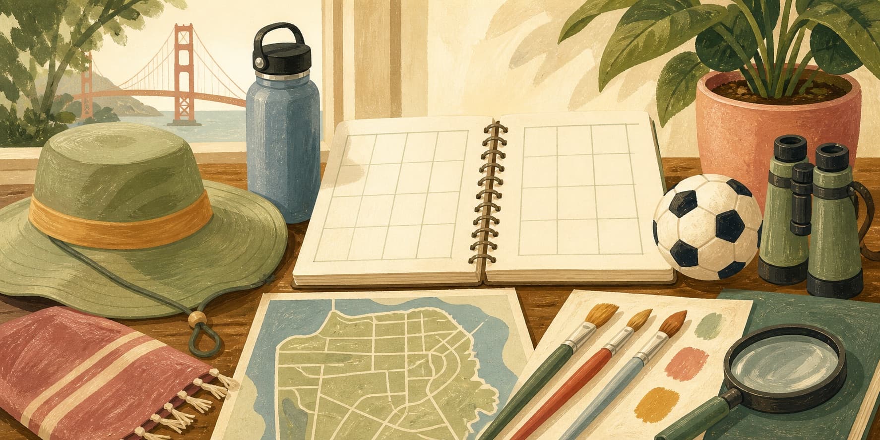 Illustration of a camp planning table with a calendar, map, art, sports, and outdoor gear