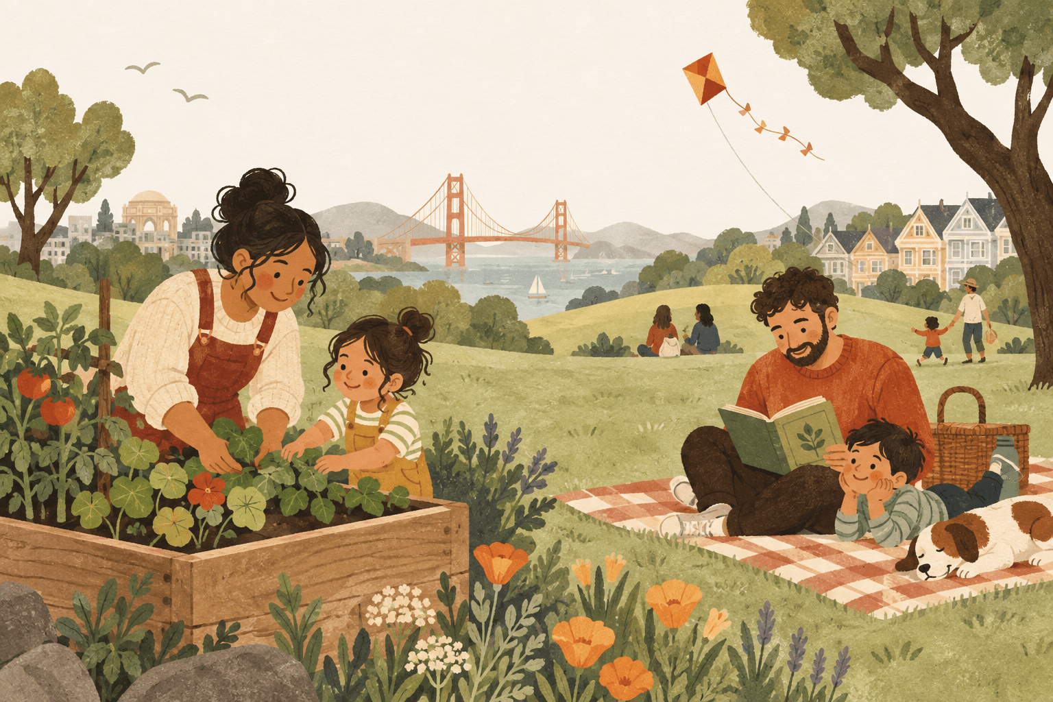 Illustration of families gardening and reading together, with San Francisco hills and the Golden Gate Bridge in the distance